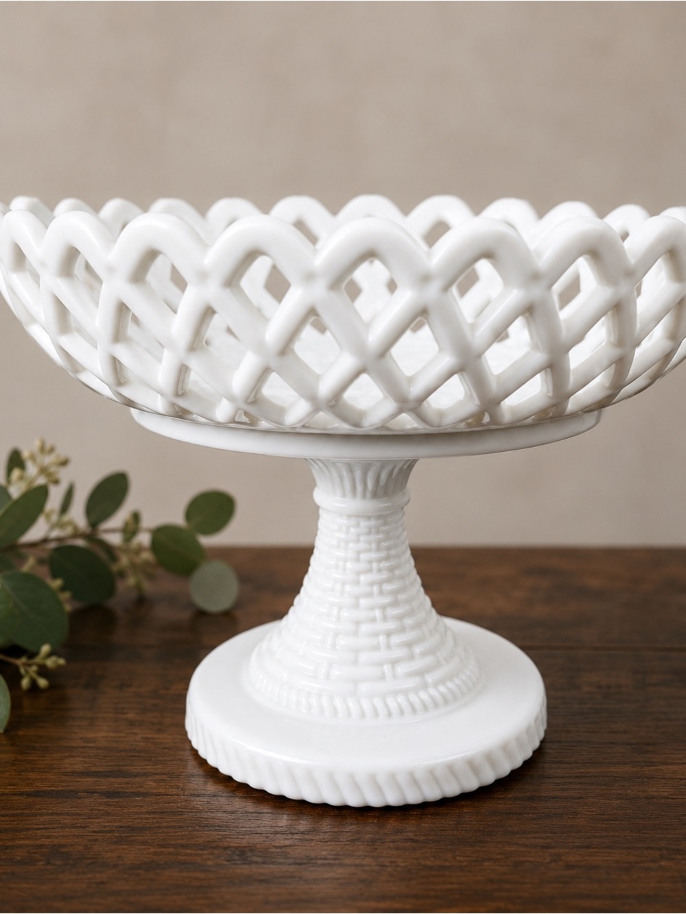 Vintage White Milk Glass Lattice Basketweave Pedestal Compote Atterbury Style